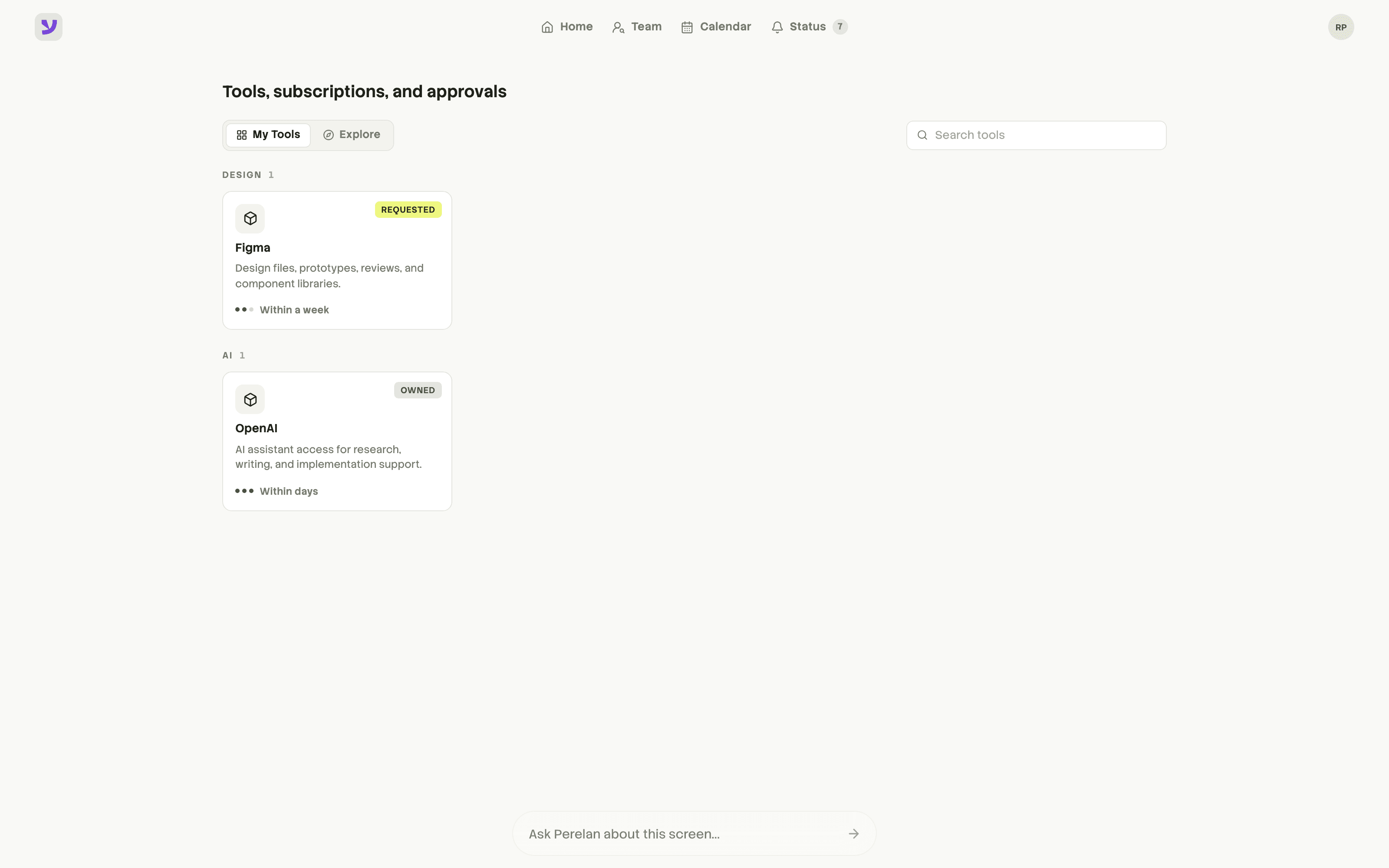 Perelan tools catalog with requested and owned states