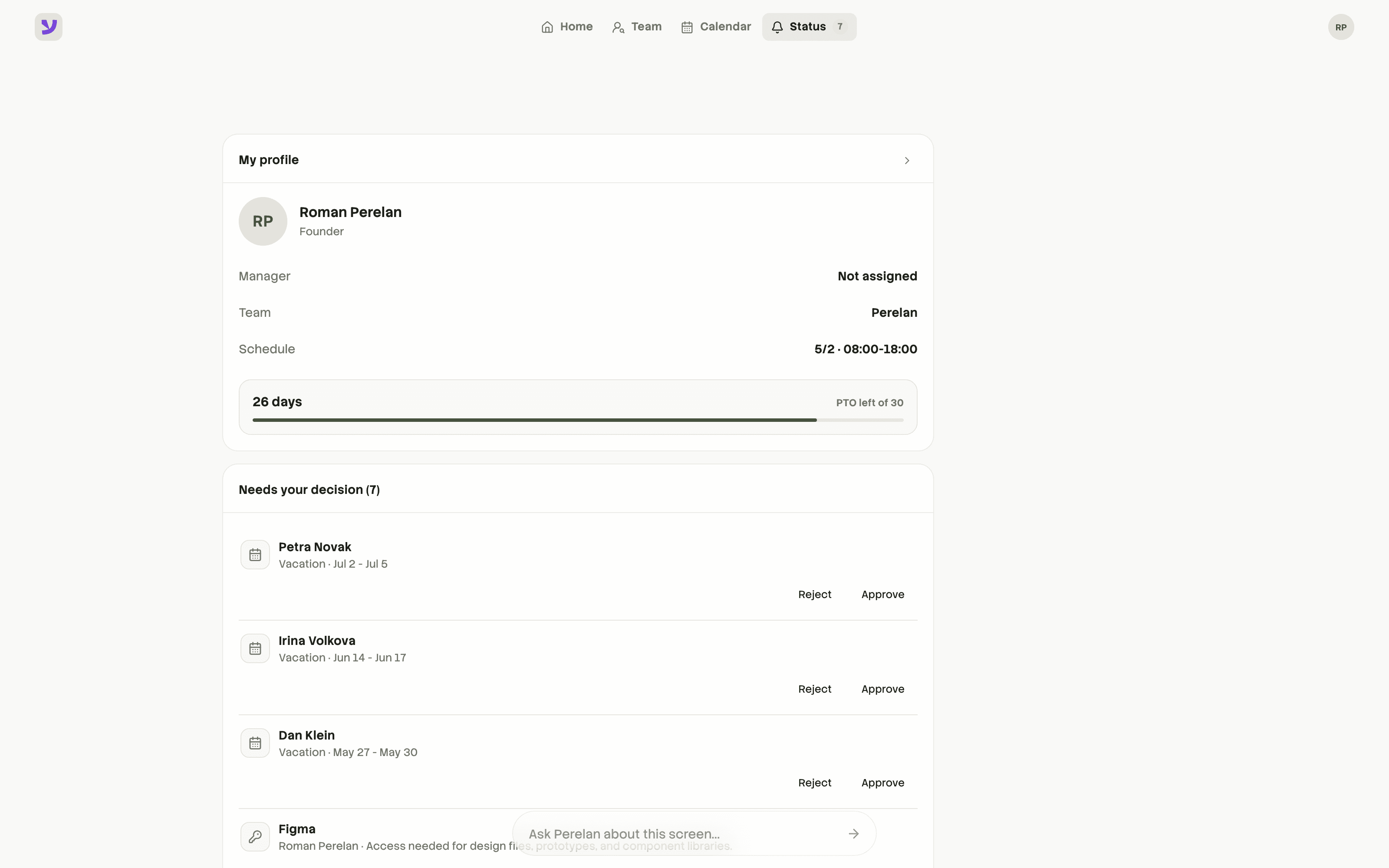 Perelan status page with approvals inbox