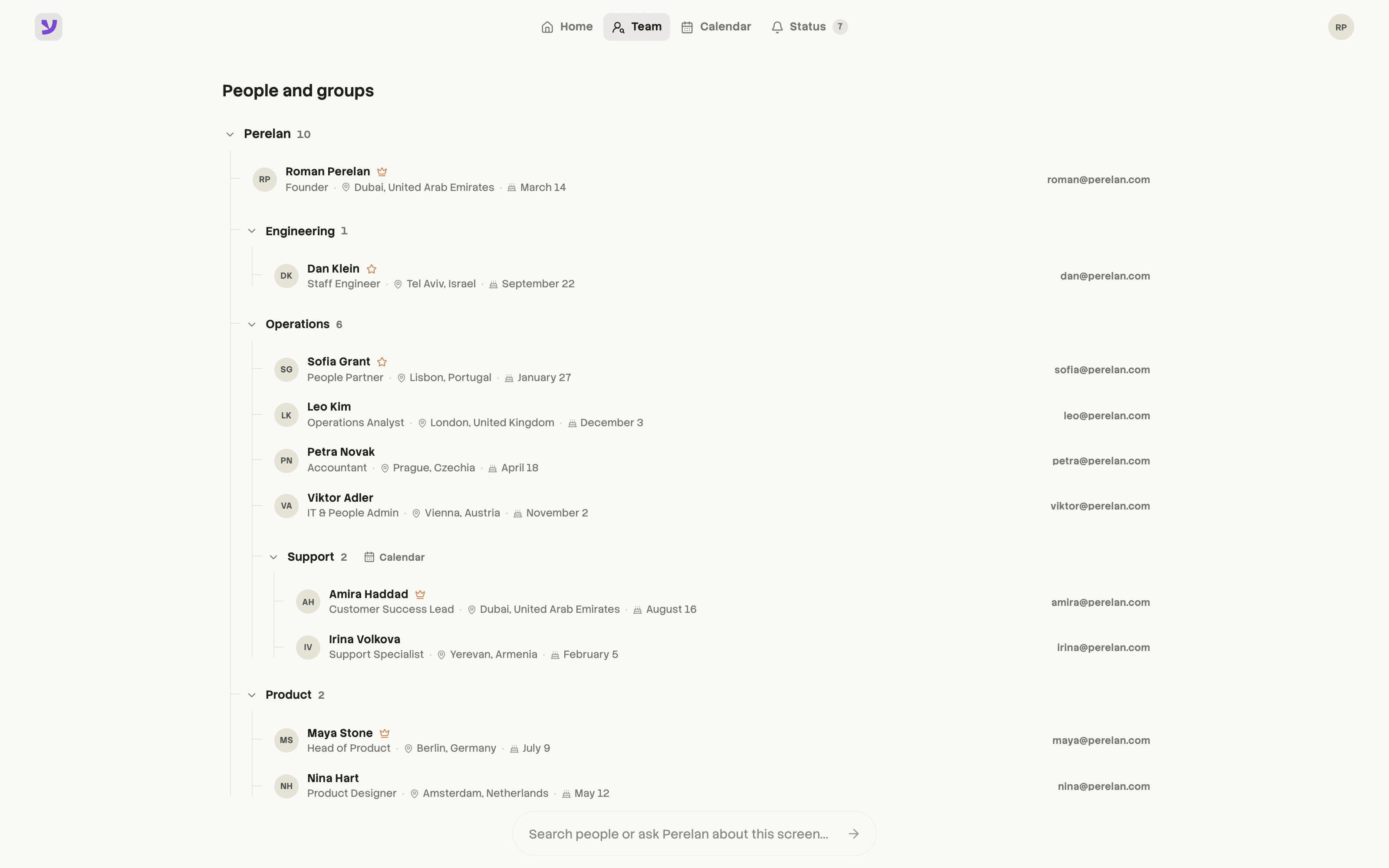 Perelan team directory grouped by team