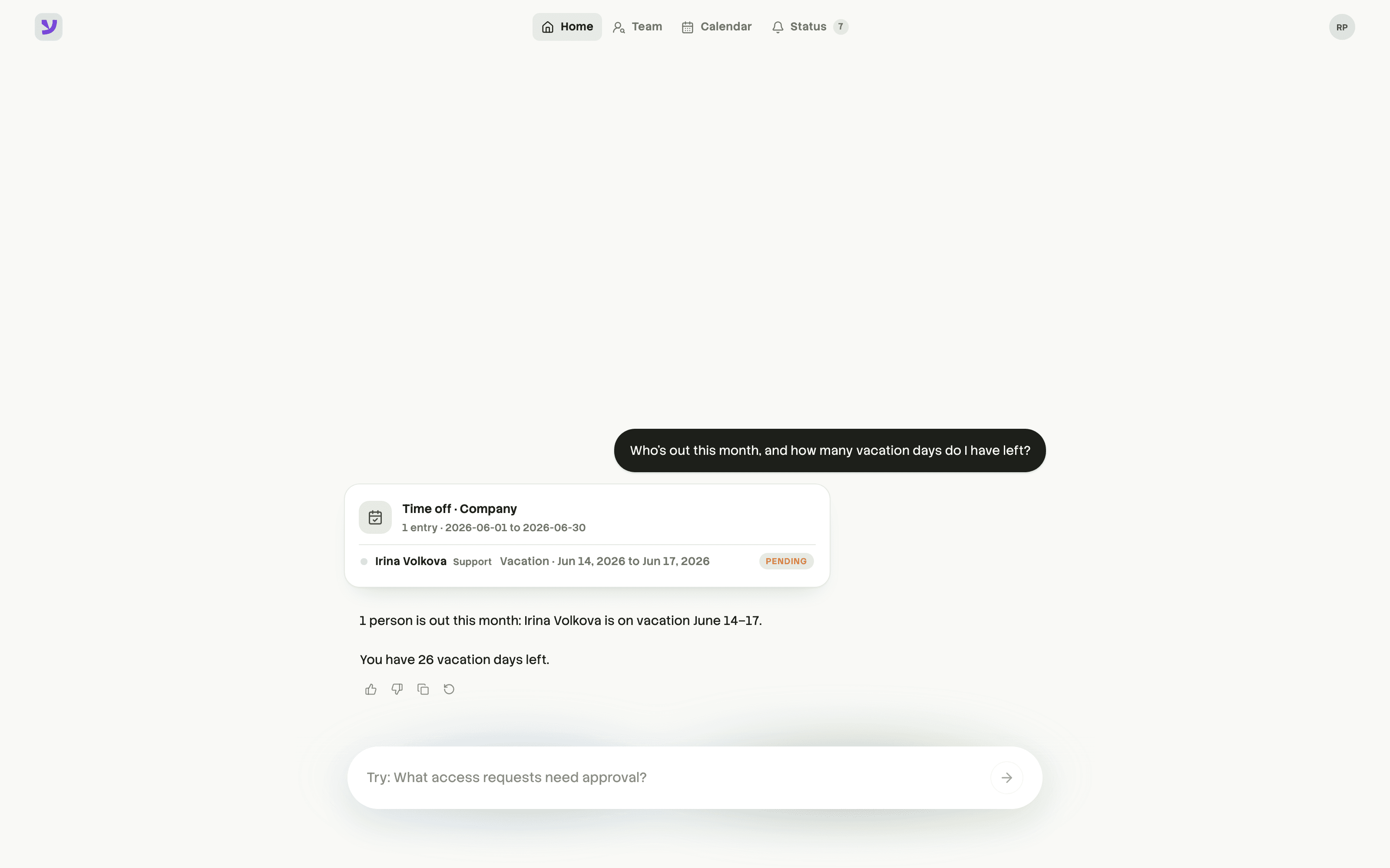 Perelan assistant answering a time-off question with a live widget