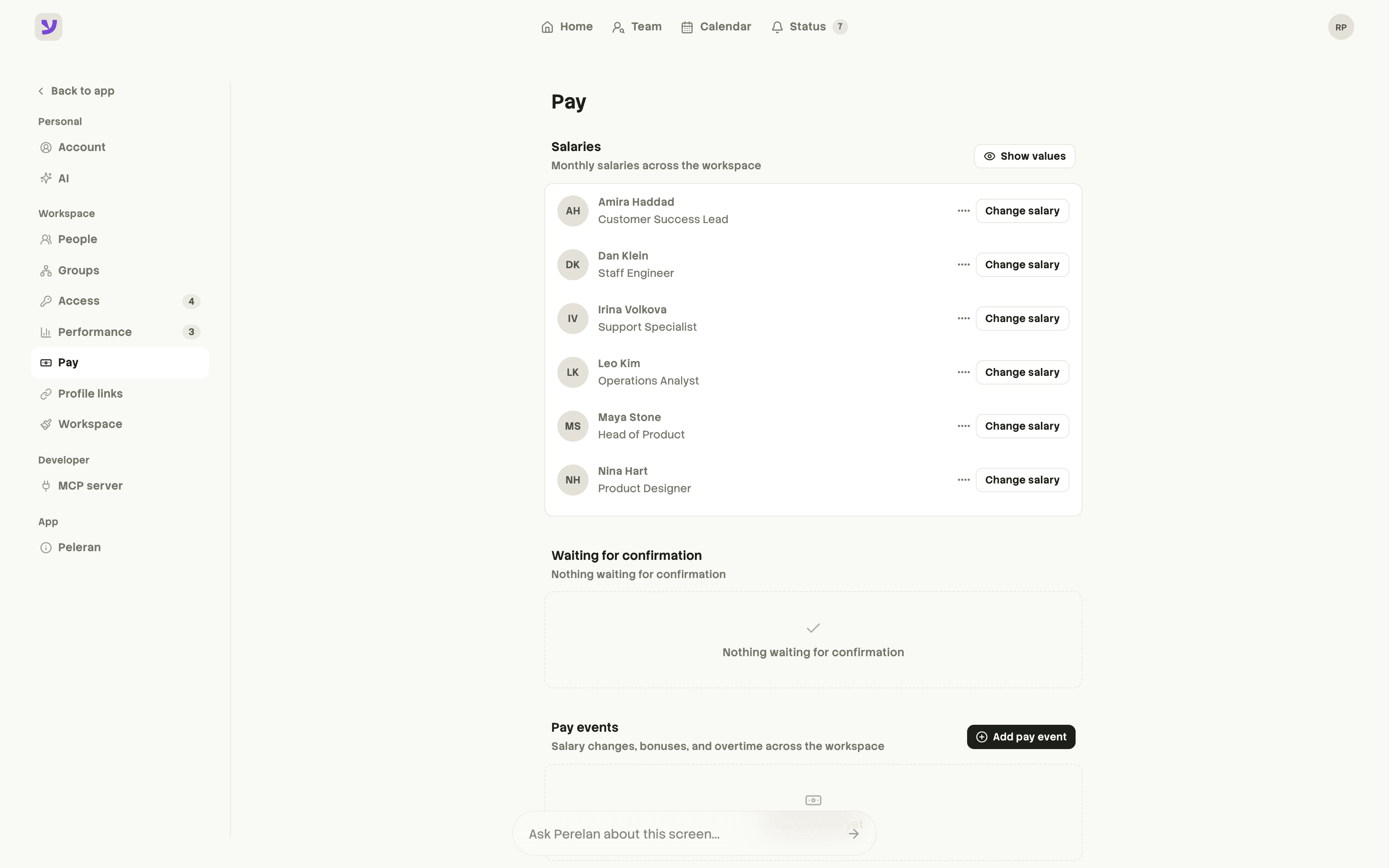 Perelan pay settings with masked salaries and confirmation queue